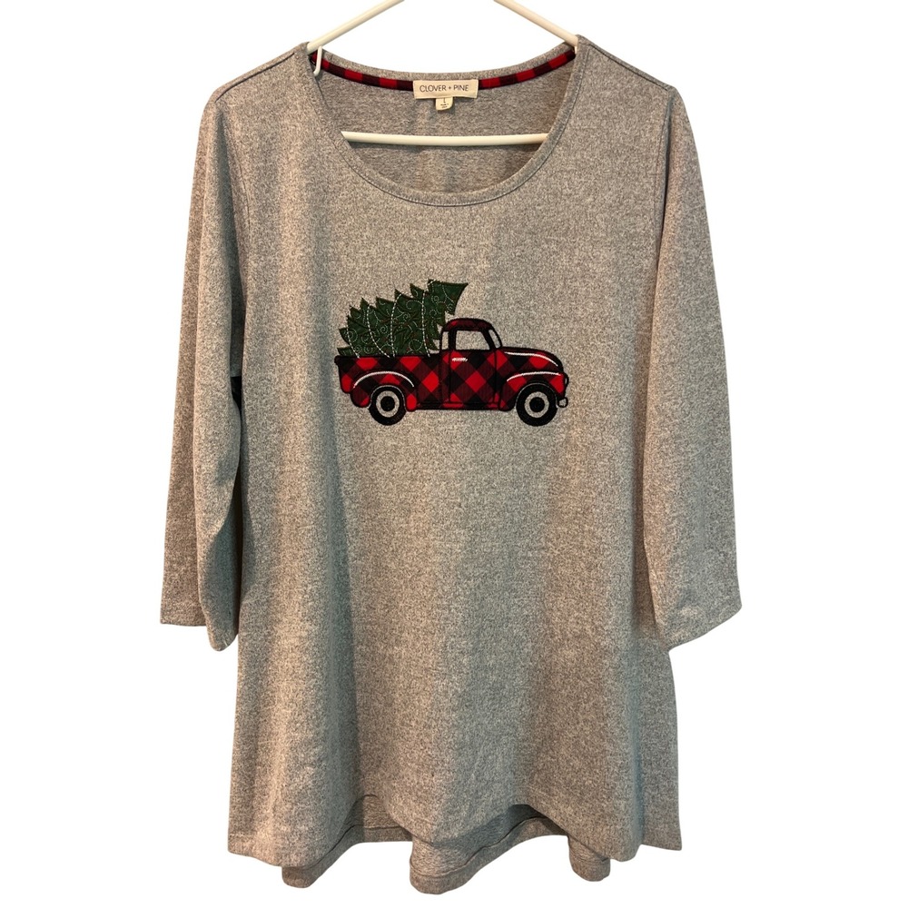 Clover + Pine Women's Size L Gray‎ Plaid Truck Christmas Tree Long Sleeve Top